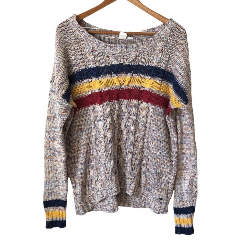 Roxy Blue Yellow Red Fisherman Cable Knit Sweater Size Small Striped - Picture 3 of 12